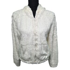Fashion Nova Cream Fleece Zip Up Sweater Women's Size Medium W/ Hoodie & Pockets